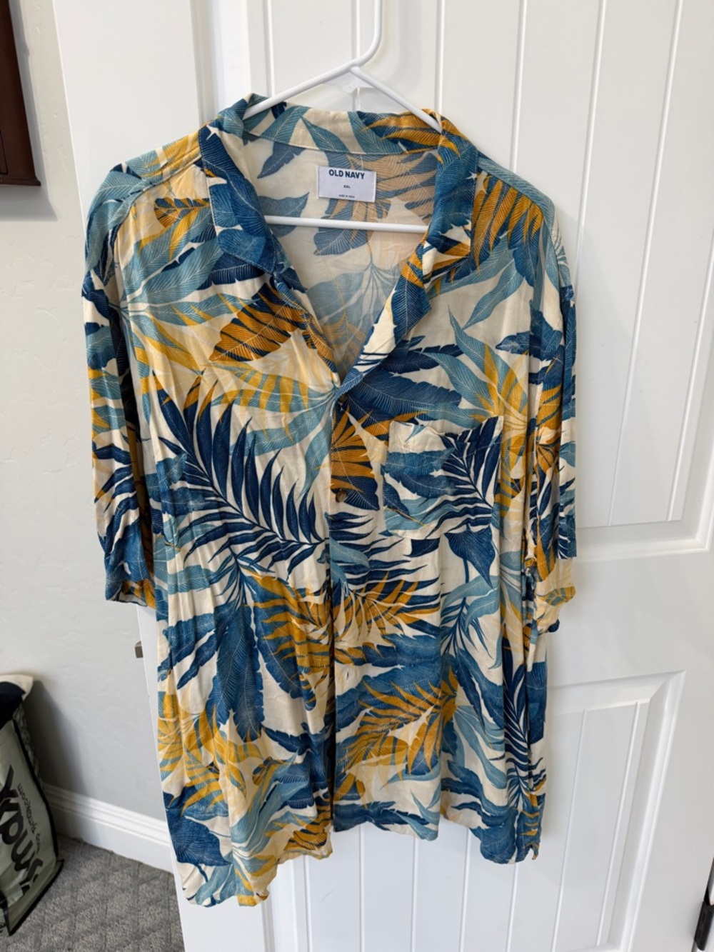 Old Navy Blue and Mustard Tropical Leaf Short-Sleeve Shirt